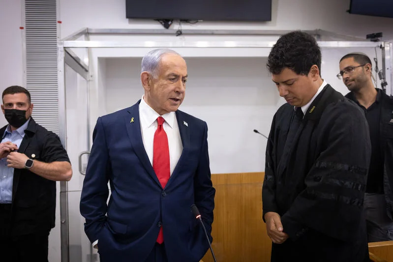Israeli Prime Minister Benjamin Netanyahu arrives to the courtroom at the Distrcit court in Tel Aviv, before the start of his testimony in the trial against him, October 28, 2025. Photo by Miriam Alster/Flash90
