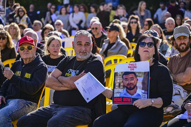 The parents, as well as relatives, friends and supporters of Master Sgt. Ran Gvili, whose body is held by Hamas, at a Kabbalat Shabbat ceremony at Hostage Square in Tel Aviv, calling for the return of his body from Hamas captivity, on January 16, 2026. Photo by Avshalom Sassoni/Flash90