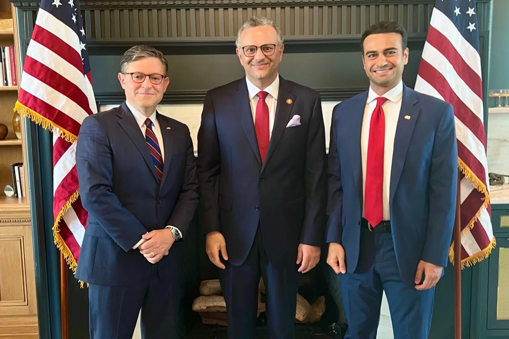 Speaker of the House Mike Johnson, Trump's new Middle East advisor Massad Boulos and Congressman-Elect for Arizona, Abe Hamadeh. Photo used under section 27A of the copyright law.