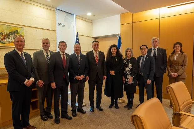 Foreign Minister Gideon Sa’ar met with a bipartisan delegation of U.S. lawmakers. Pictured from left to right: Adam Schiff, Dan Sullivan, Richard Blumenthal, Lindsey Graham, Gideon Sa’ar, Morgan Ortagus, Joni Ernst, Andy Kim, Sheldon Whitehouse. Foreign Minister Gideon Sa’ar meeting a bi-partisan delegation of Senators headed by Dan Sullivan and Lindsey Graham. Photo: Gideon Sa’ar's account on X, used under section 27A of the copyright law.