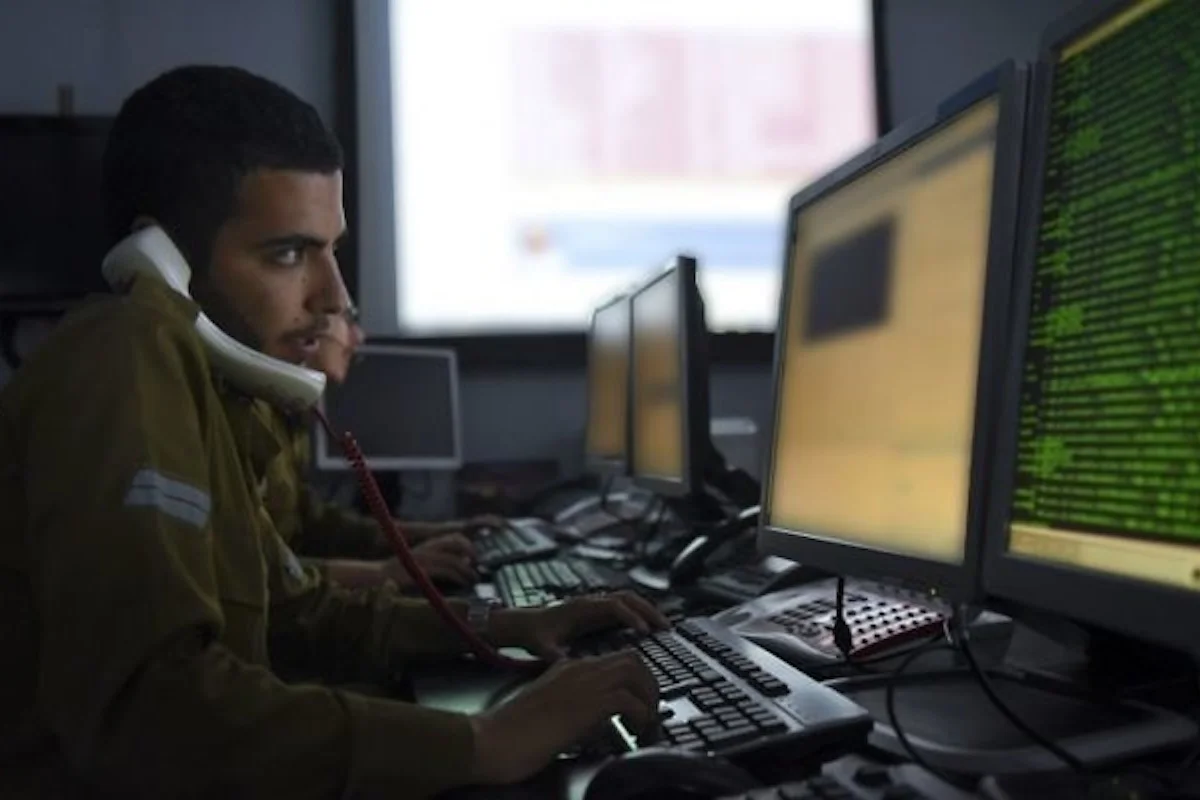 Israeli soldier working on a computer