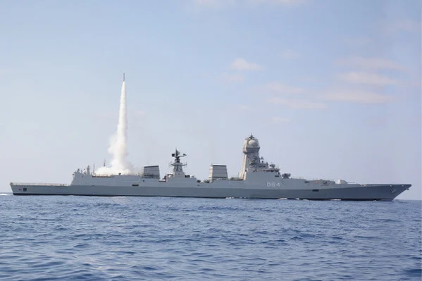 An Indian Naval Ship fires a Barak-8 Medium-Range Surface-to-Air Missile variant during a successful cooperative engagement test on the Western Seaboard. Photo: Wikimedia Commons.