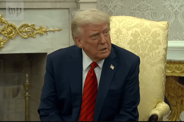 President Trump responds to claim he blocked an Israeli strike on Iran, April 17, 2025. Photo: Screenshot from a YouTube video.