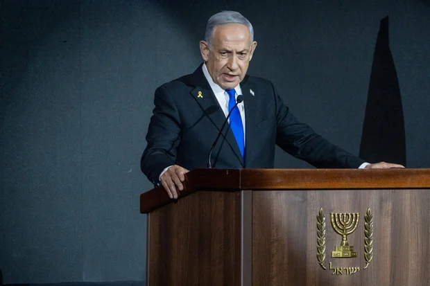 Israeli prime minister Benjamin Netanyahu speaks at Newsmax event in Jerusalem, on August 13, 2025. (Photo:Shalev Shalom/POOL via Flash90)