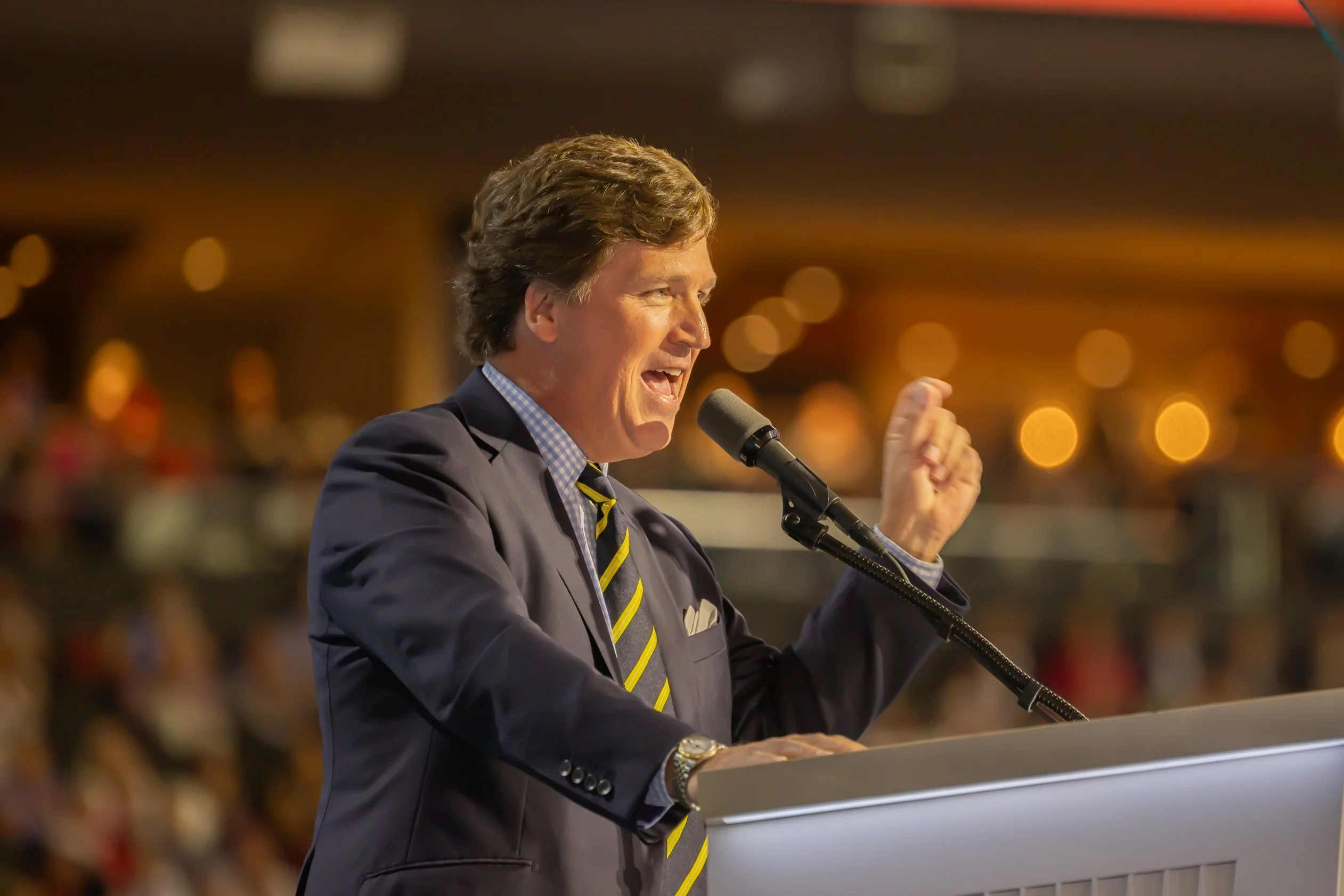 Tucker Carlson addresses the 2024 Republican National Convention at the Fiserv Forum, July 18, 2024. (Photo: Shutterstock)