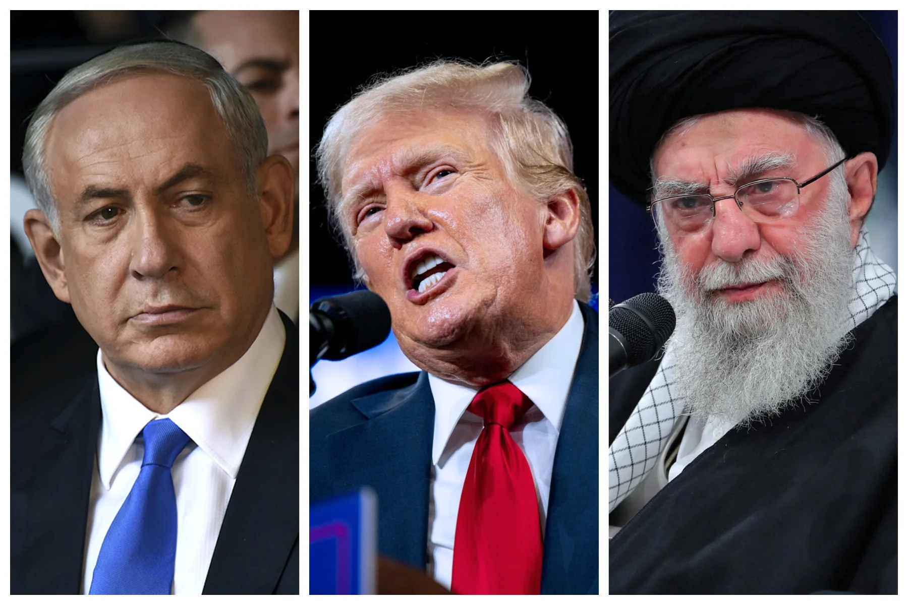 Pictured left to right; Israel's Prime Minister Benjamin Netanyahu, US President Donald Trump and Iran's Supreme Leader Ali Khamenei (Credit: REUTERS, edited by All Israel Staff)