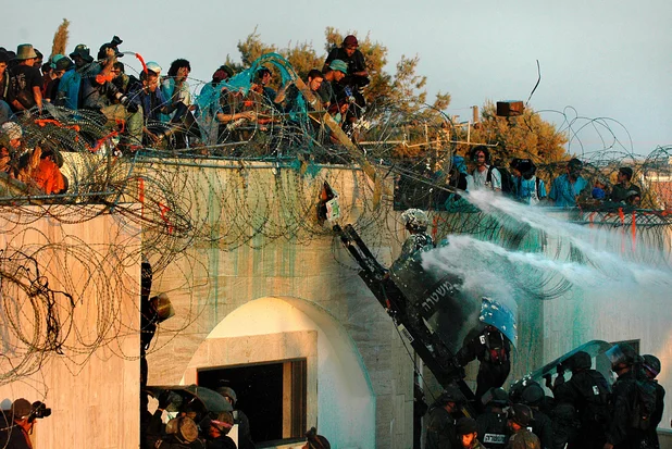 Jewish settlers confront Israeli security forces during the evacuation of Kfar Darom, one of the settlements in the Gush Katif bloc in the Gaza Strip, August 18, 2005. (Photo: Yossi Zamir/Flash90)