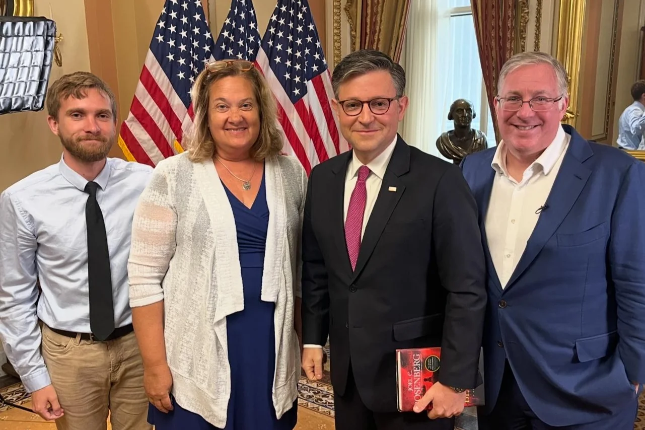 Joel C. Rosenberg, his wife Lynn, and their son Jacob meet with U.S. Speaker of the House Mike Johnson in Washington, July 2025. (Photo: Courtesy)