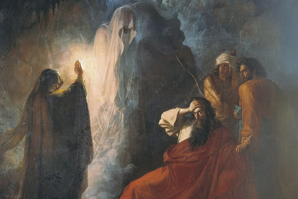 The Witch of Endor conjures the spirit of the prophet Samuel at Saul’s request, in this 19th-century painting titled The Shade of Samuel Invoked by Saul by Dmitry Martynov. (Image: Wikimedia Commons)