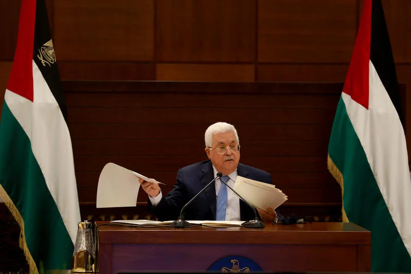 Palestinian president Mahmoud Abbas speaks during a meeting of the Palestinian leadership in the West Bank city of Ramallah