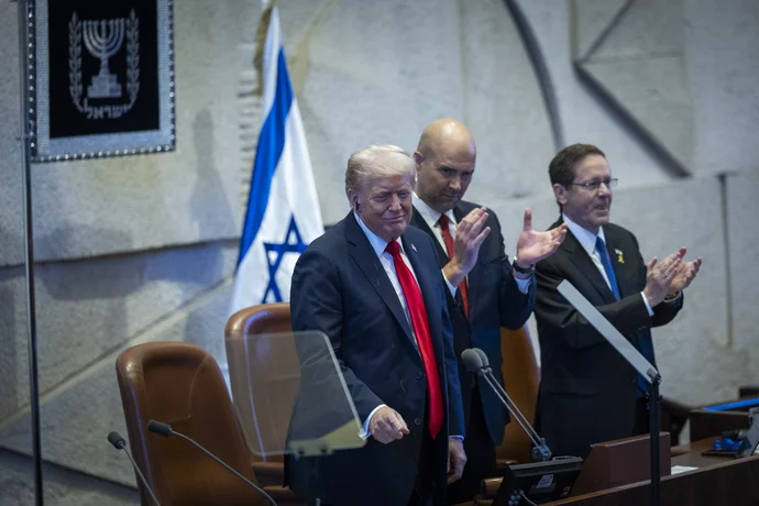 U.S. President Donald Trump with Knesset speaker Amir Ohana and Israeli President Isaac Herzog during a special plenum session in honor of President Trump at the Knesset, Israel’s parliament in Jerusalem, October 13, 2025