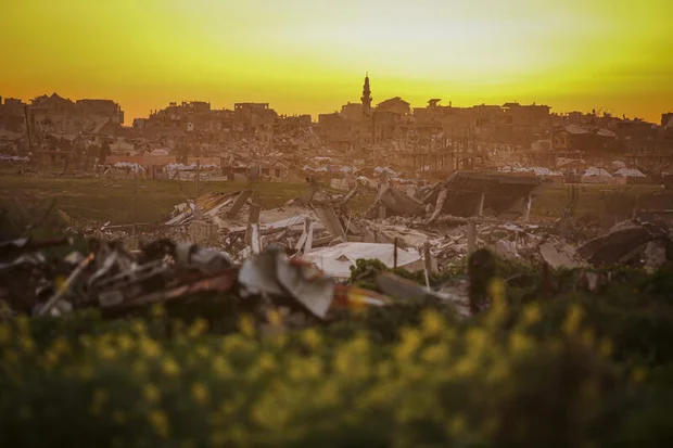 View of destroyed buildings at sunset in Gaza City, February 12, 2026. Photo by Ali Hassan/Flash90