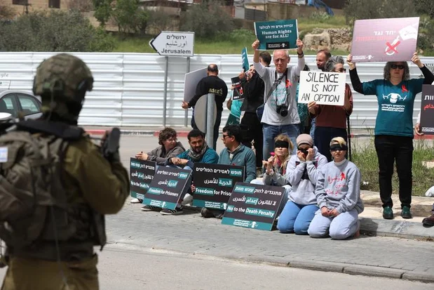 Jews and Palestinians protest against a law passed by the Knesset imposing the death penalty for terrorists who murder Israeli civilians in the West Bank in Beit Jala, on April 3, 2026. Photo by Wisam Hashlamoun/Flash90