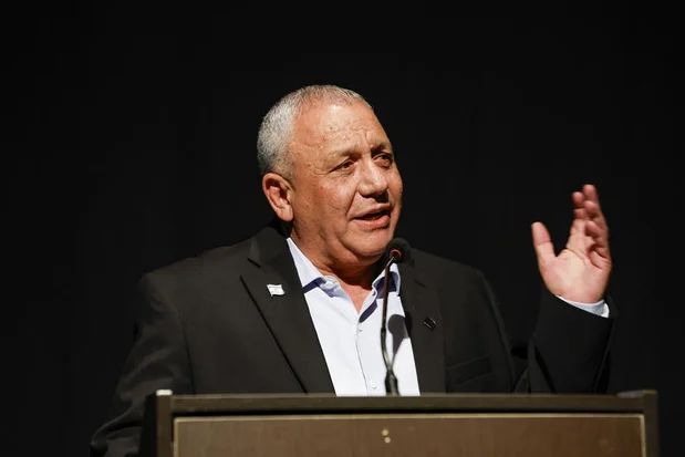 Gadi Eisenkot, head of the Yashar party, speaks during the launch of a book by Yoav Limor and Oren Nahari in Herzliya, central Israel, April 26, 2026. Photo by Tal Gal/Flash90
