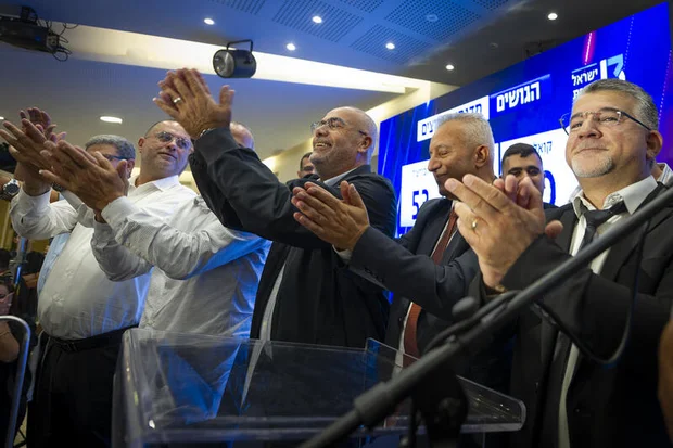 Joint List party chairman Yousef Jabareen and supporters gather at the party’s election headquarters in the northern Israeli city of Nazareth, following the closing of polling stations on Israel’s general election night, October 27, 2026. Photo by Sharon Leibel/Flash90