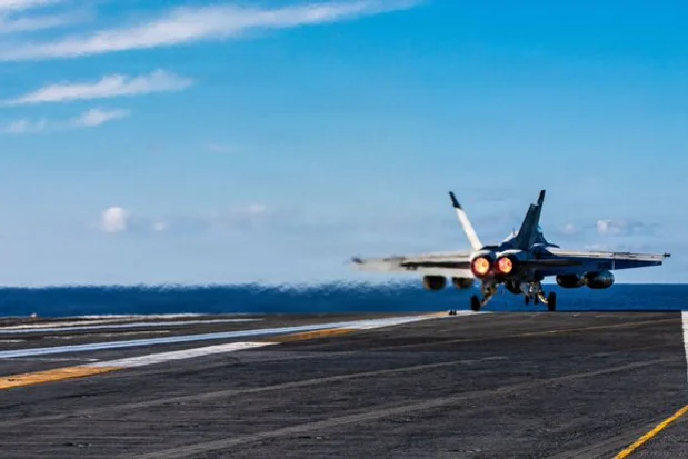 U.S. F/A-18 fighter jet launching from an aircraft carrier during Operation Epic Fury against Iran, March 2026. (Photo: U.S. CENTCOM)