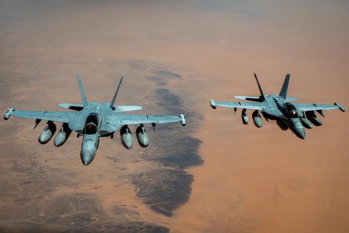 U.S. Navy E/A 18G electronic-warfare aircraft patrol the skies over the Middle East