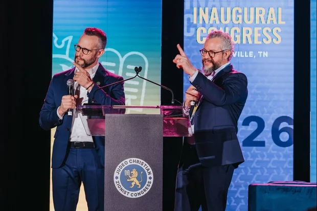 Calev and Simeon Myers giving the opening keynotes at the Judeo-Christian Zionist Congress in Nashville, Tennessee. (Photo courtesy JZCZ)
