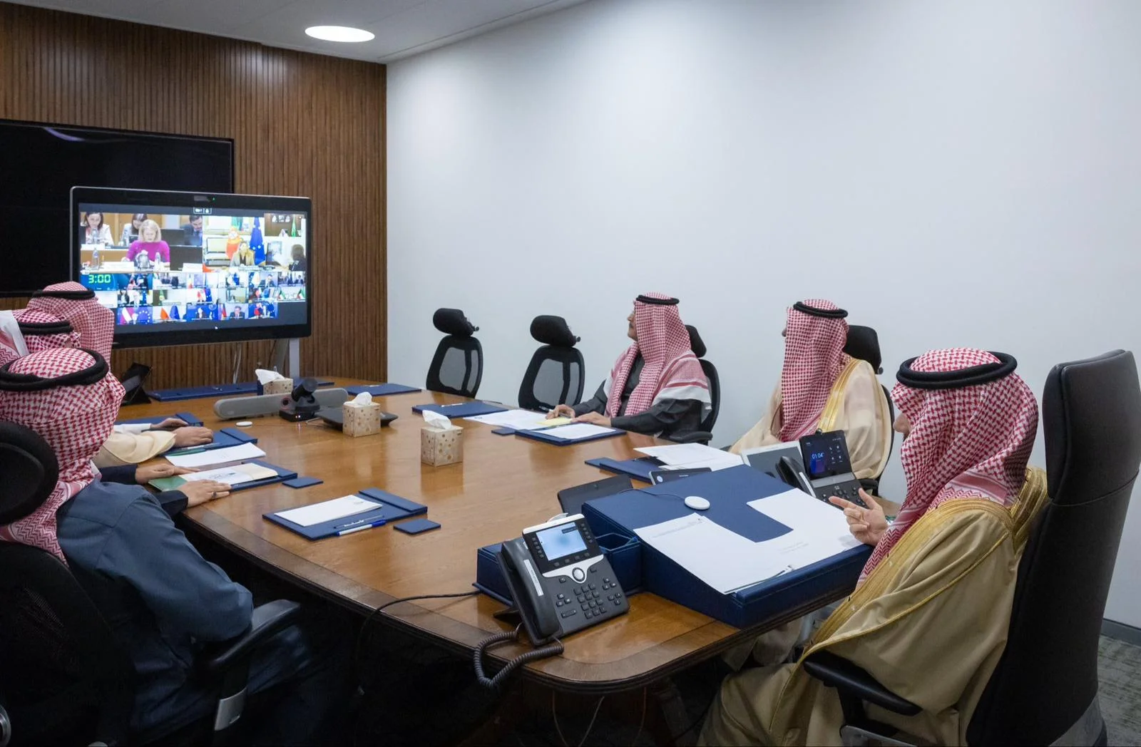 Saudi senior officials participate in video conference call to discuss missiles and drone attacks from Iran. (Photo credit: Saudi Foreign Minister X feed)