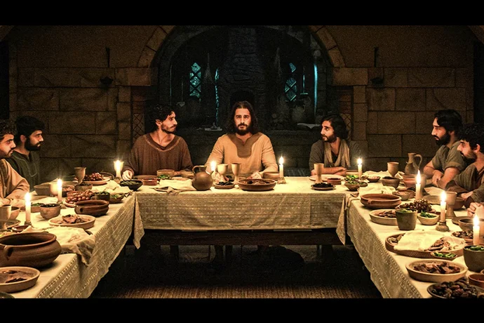 Jesus eating the Passover meal with his disciples