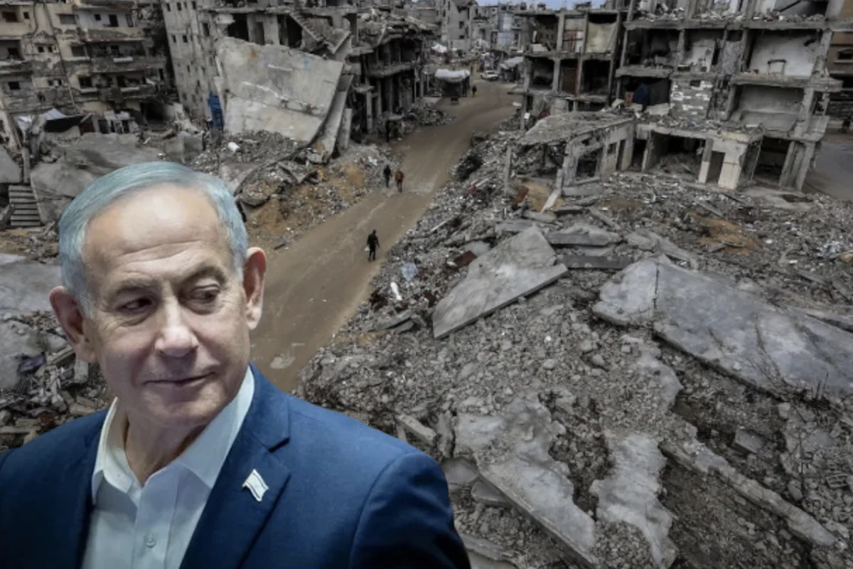 Israeli Prime Minister Benjamin Netanyahu with Gaza destruction in the background