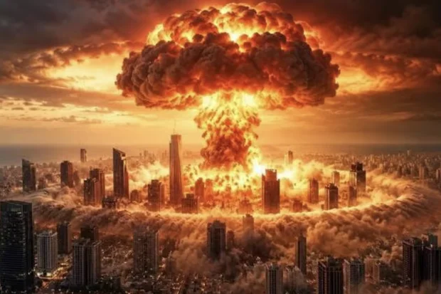 AI-generated image of a nuclear explosion over Tel Aviv that Benjamin Netanyahu posted on social media