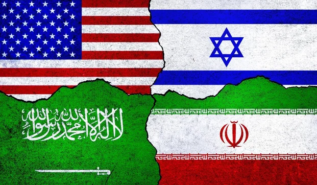 Flags of USA, Iran, Saudi Arabia and Israel on a wall. (Photo: Shutterstock)