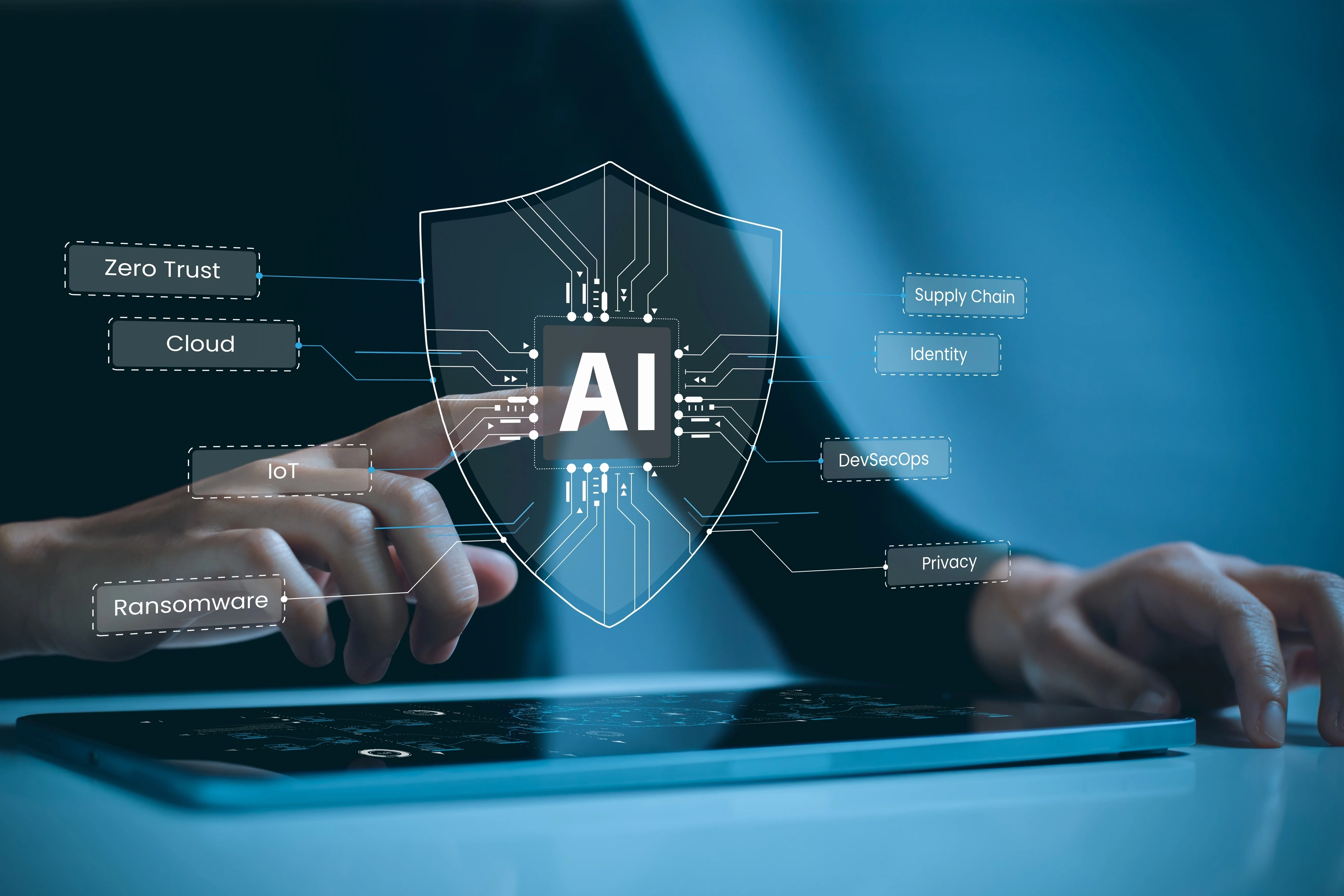Illustration: Internet users interacting with a tablet through cybersecurity powered by artificial intelligence. Photo: Shutterstock.