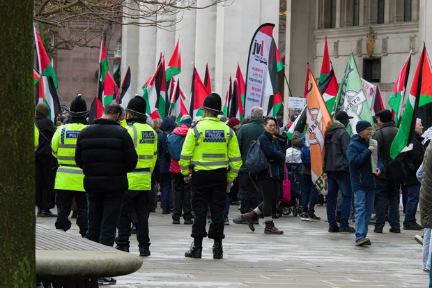 Greater Manchester Police keep watch over a protest in Manchester St Peters Square, Manchester, UK, 17th January 2026. Photo: Shutterstock