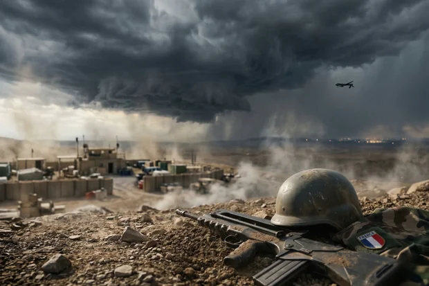 Illustration: A fallen French soldier’s helmet and FAMAS rifle rest in the dust of the Iraqi desert near Erbil