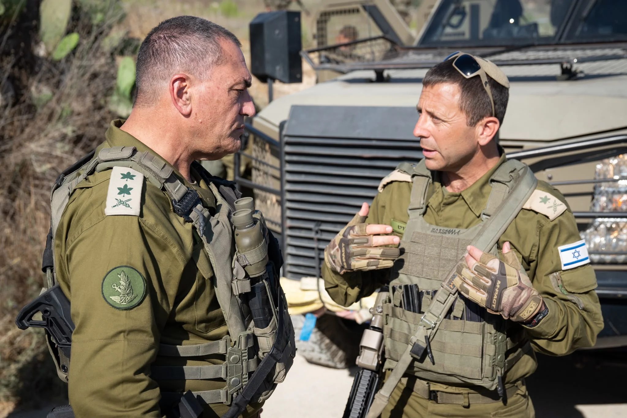 IDF Chief of Staff Lt.-Gen. Eyal Zamir (L) with Maj.-Gen. Avi Bluth at the scene of a terror attack in the village of Tell in Samaria